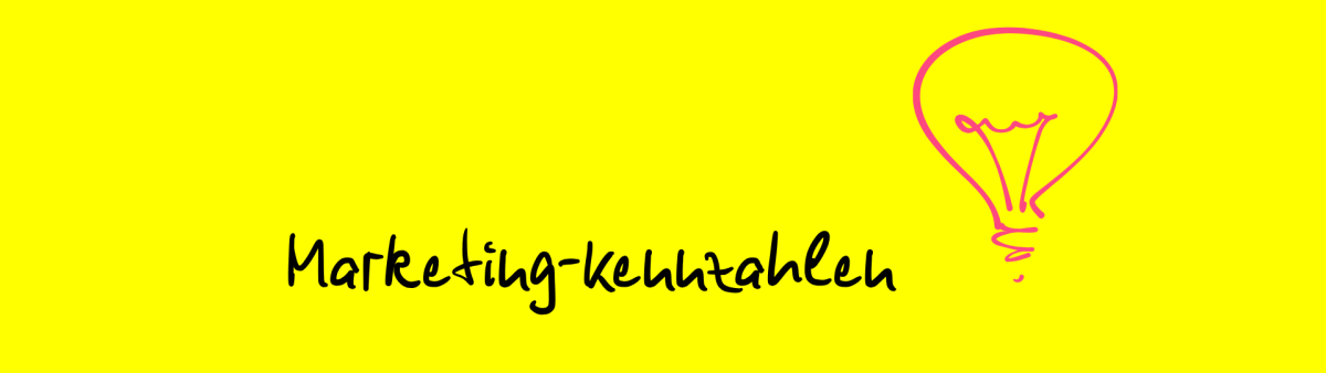 Grafik mit dem handschriftlichen Text ‚Marketing-Kennzahlen‘, daneben eine pinke Glühbirne auf gelbem Hintergrund.