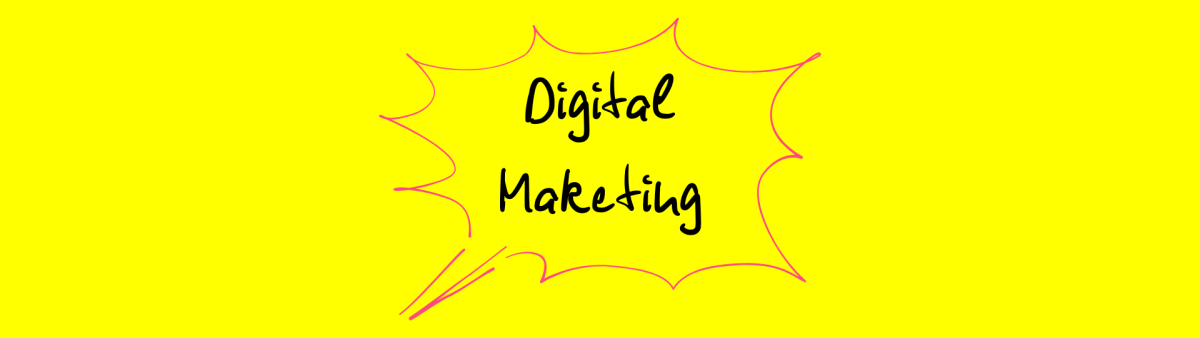 Grafik mit dem handschriftlichen Text ‚Digital Marketing‘, umrahmt von einer pinken, ovalen Linie auf gelbem Hintergrund.
