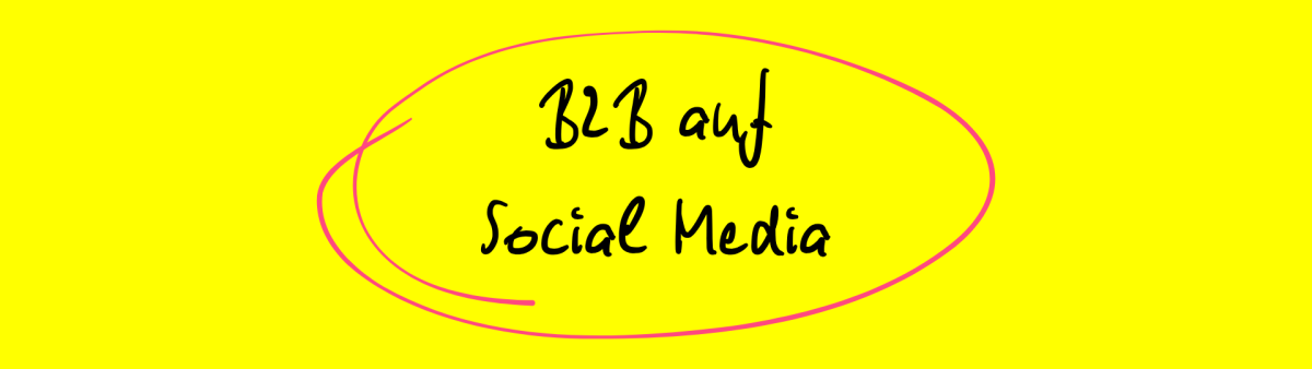 Grafik mit dem handschriftlichen Text ‚B2B auf Social Media‘, umrahmt von einer pinken, ovalen Linie auf gelbem Hintergrund.