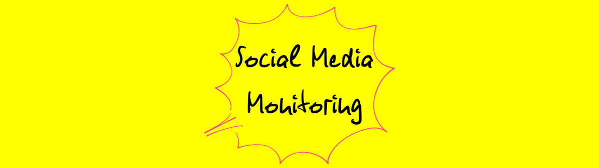 Grafik mit dem handschriftlichen Text ‚Social Media Monitoring‘, umrahmt von einer pinken, zackigen Sprechblase auf gelbem Hintergrund.